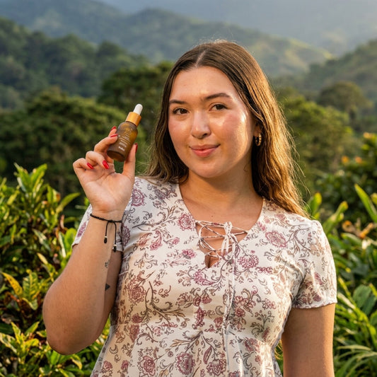 Woman with long hair holding Tacay Cacay Oil, used on hair and scalp